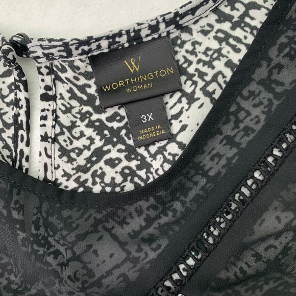 Worhtington Womens 3X Blouse Semi Sheer Black White Flowy Tunic Short Sleeve - Picture 4 of 7